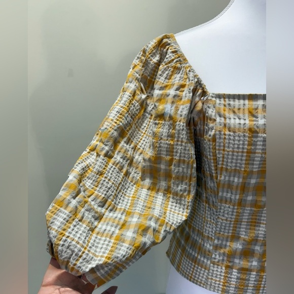 MAEVE ANTHROPOLOGIE PLAID SQUARE-NECK PUFF SLEEVE SMOCKED BLOUSE TOP SIZE: M - Picture 5 of 11